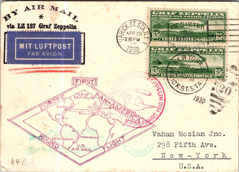 1930 USA LZ 127 Graf Zeppelin Pair C13 First Flight Cover FFC NYC Round Trip