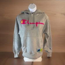 Champion Reverse Weave Hoodie Gray Neon Raised Rug Chenille Logo Pullover Small
