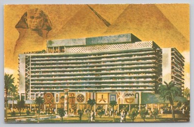 Vintage Nile Hilton Hotel Cairo Egypt Postcard Sphinx Pyramids W. Hammer Art UAR