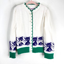 VTG 90s Lisa Dee Purple Cat Cardigan 4T Made in USA Cottage Preppy Bow Easter