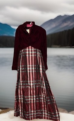 Lorrie & Deb Dress 5 Vintage 70s Burgundy Velvet High Neck Plaid Taffeta Skirt S