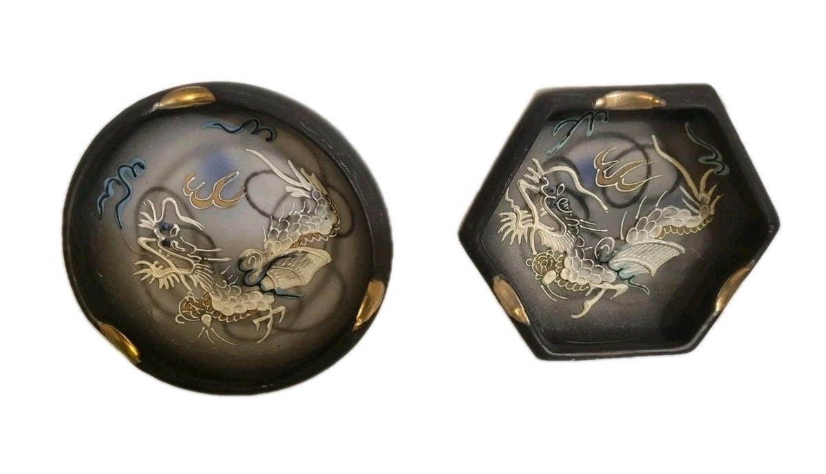 Vintage DragonWare Ashtrays Round & Hexagon Set Of 2 Black Grey | eBay