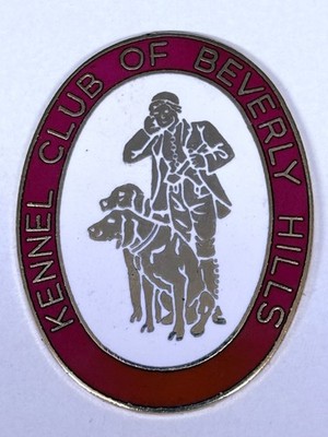 KENNEL CLUB OF BEVERLY HILLS CALIFORNIA ENAMELED MEDALLION-MAN & TWO HOUND DOGS