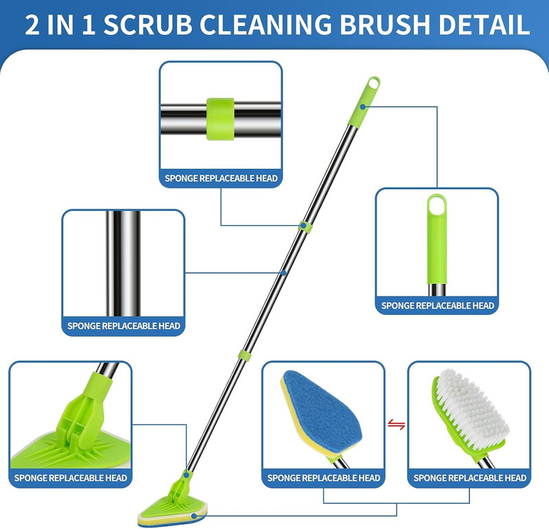 2 in 1 Scrub Cleaning Brush with 37” Long Extendable Handle,1 Stiff Bristle And
