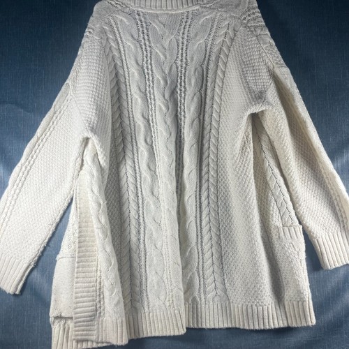 L.L.Bean Womens Fisherman Cardigan Sweater Size XL Beige Cable Knit Open Front - Picture 8 of 11
