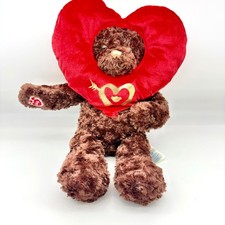 Build-A-Bear Teddy Bear Brown Curly Fur Red Heart Collar Gold Arrow 16" Valentin
