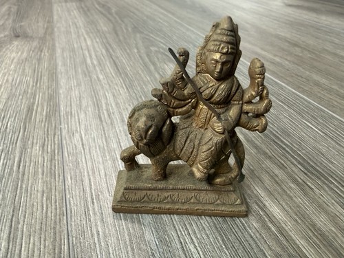 Brass Statue Hindu Goddess Durga Murti Riding Lion