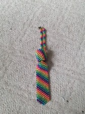 Short rainbow beaded kandi neck tie 10 inches handmade