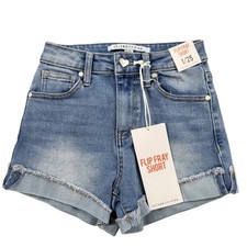 Celebrity Pink Womens Flip Fray Short Medium Wash Denim Size 1/25 NWT
