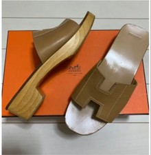 HERMES Women  s Shoes Size 37 Beige Brown Leather With Box Dust Bag France used