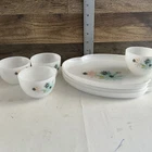 Vintage 1950's Retro Atomic Flower Milk Glass Snack Plates & Cups - Three Sets