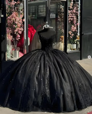 Black Quinceanera Dresses Beading Floral Applique Sweet16 Prom Glitter Ball Gown