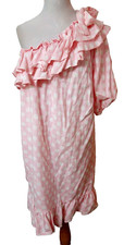 LISA MARIE FERNANDEZ 2X Dress Pink Polka Dots 1-Shoulder Belt Pockets NEW Plus