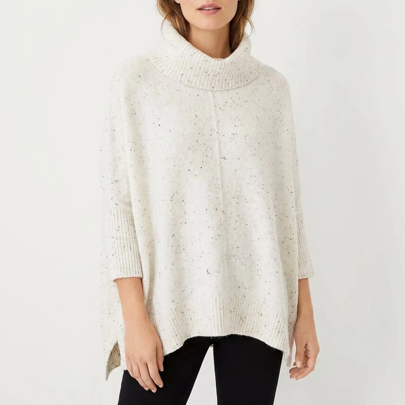 LOFT Cream Speckled Cowl Neck Poncho Sweater Size M Oversized Knit