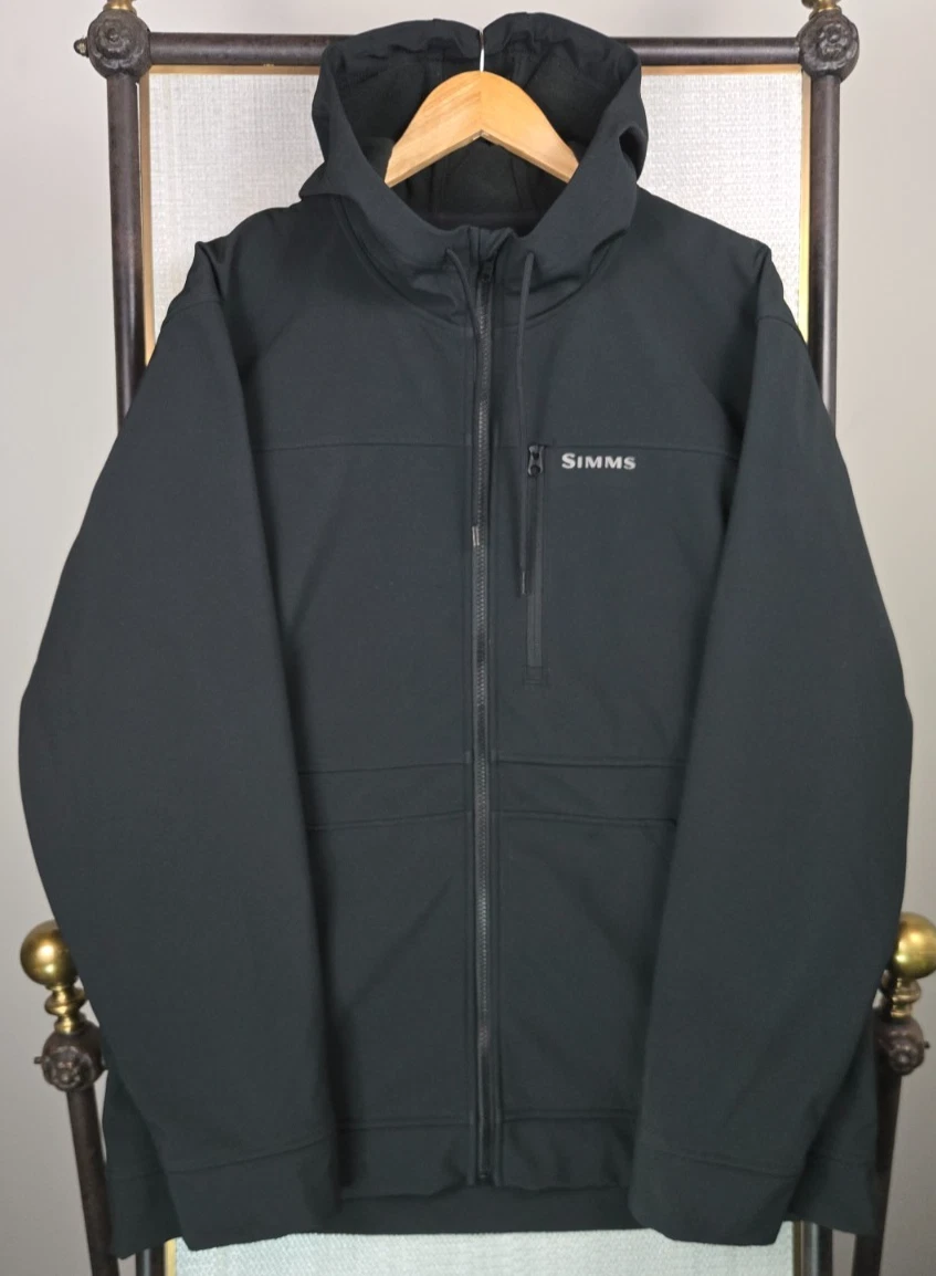 SIMMS Mens Softshell Jacket Size XL Hooded Fleece Lined Black Full Zip Fishing