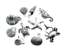 10 Beach Themed Charms Ocean Seashells Shells Silver Bead Drops Jewelry Making