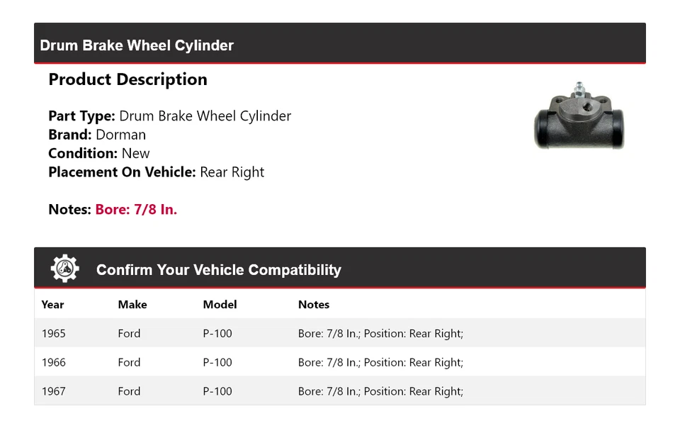 For 1965-1967 Ford P-100 Dorman Drum Brake Wheel Cylinder Rear Right 1966 - Image 2 of 3