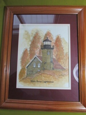 Original Framed Watercolor Painting, White River Lighthouse, Lk. Michigan, SUPER