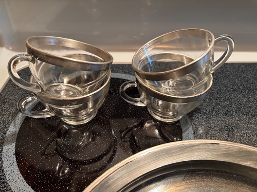 8 Pc Set MCM Silver Rimmed Glass 9" Round Plate and Cup Tea Party Dishes - Picture 3 of 13