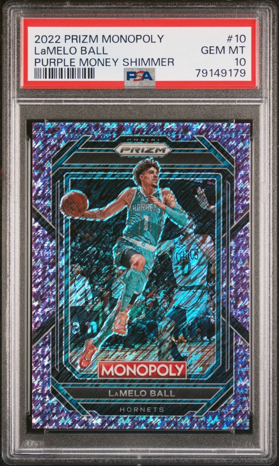 POP 3 (PSA10) 2022 PANINI PRIZM MONOPOLY 10 LaMELO BALL PURPLE MONEY SHIMMER