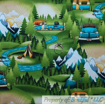 BonEful FABRIC FQ Cotton Quilt VTG Green Grass Blue Sky Retro Camper Scenic Camp