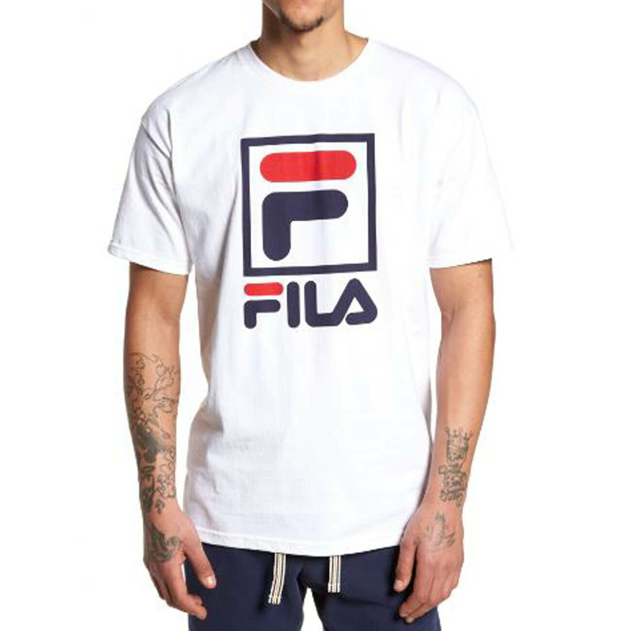 T shirt uomo FILA loghi impilati taglia small retrò stile sportivo girocollo cotone