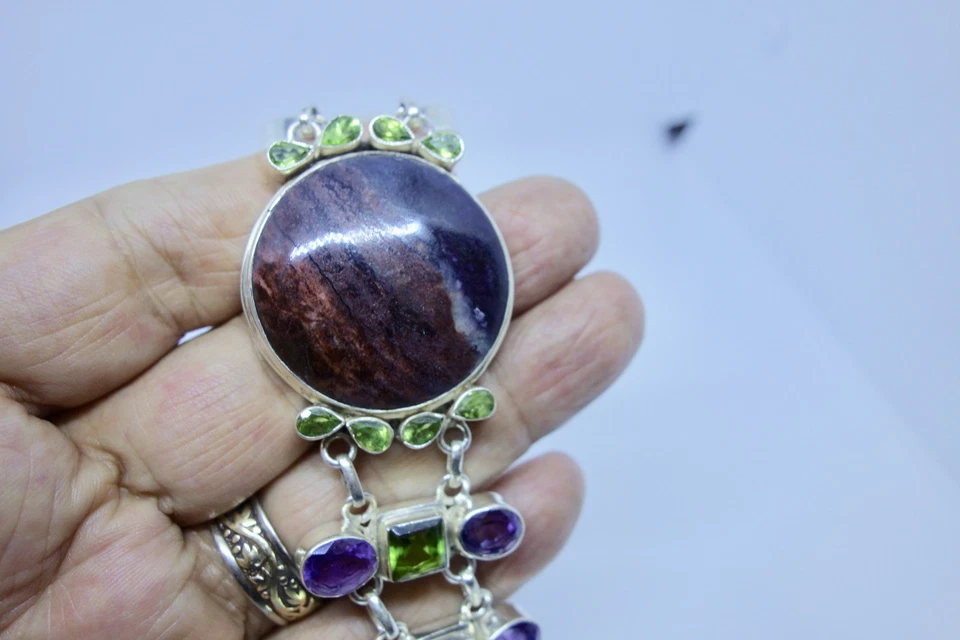 Large Jasper Peridot and Amethyst Sterling Silver Toggle Bracelet 64.28 grams - Image 2 of 4