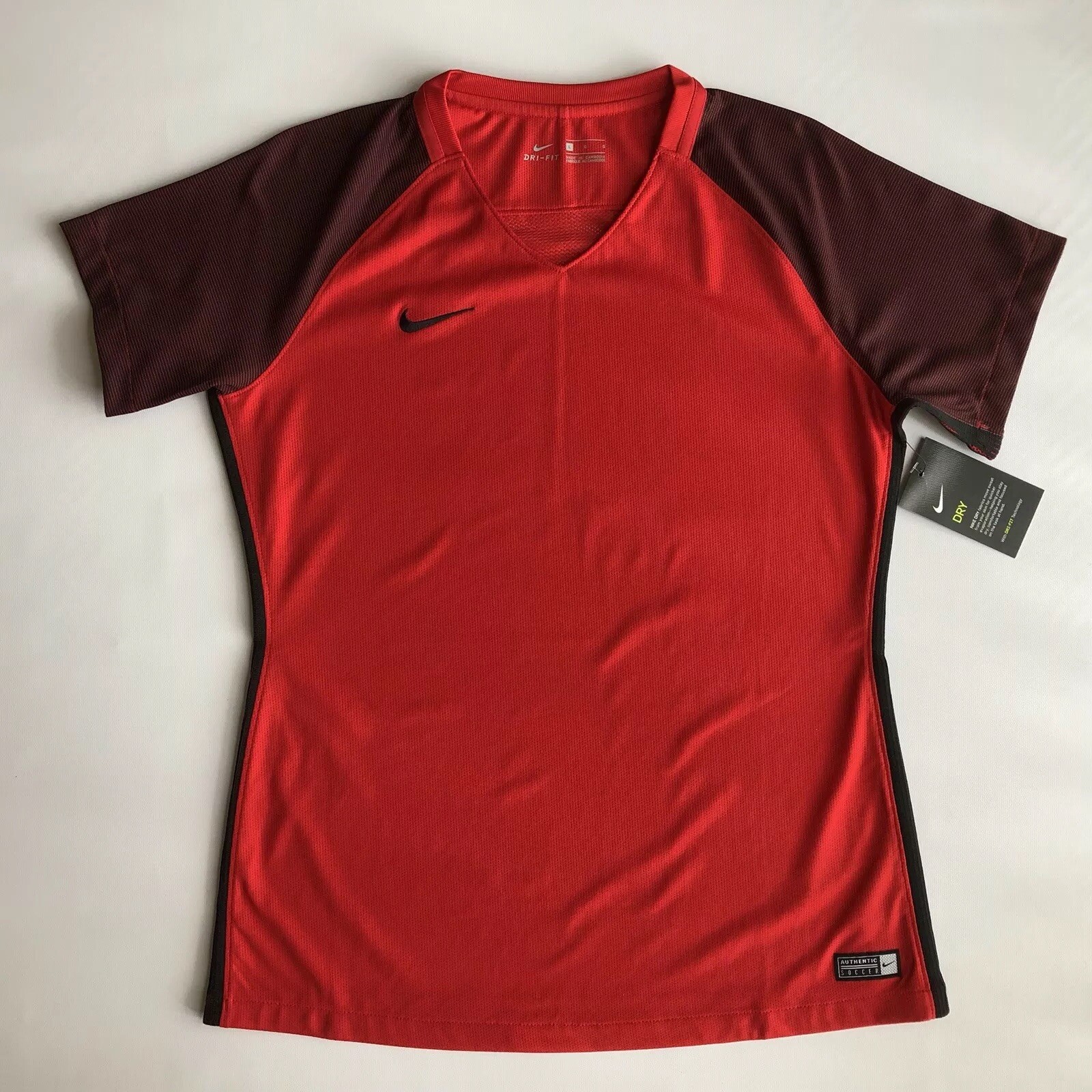 NIKE WOMEN JERSEY SS SHIRT DRI-FIT SOCCER RED/BLACK Sz L V NECK 💰55