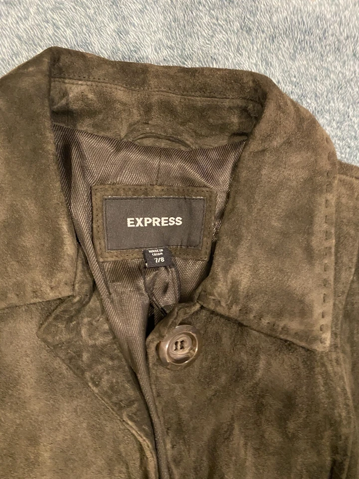 Gabardina Express marrón larga con botones de cuero gamuza para mujer talla 7/8 Foto 3 de 4