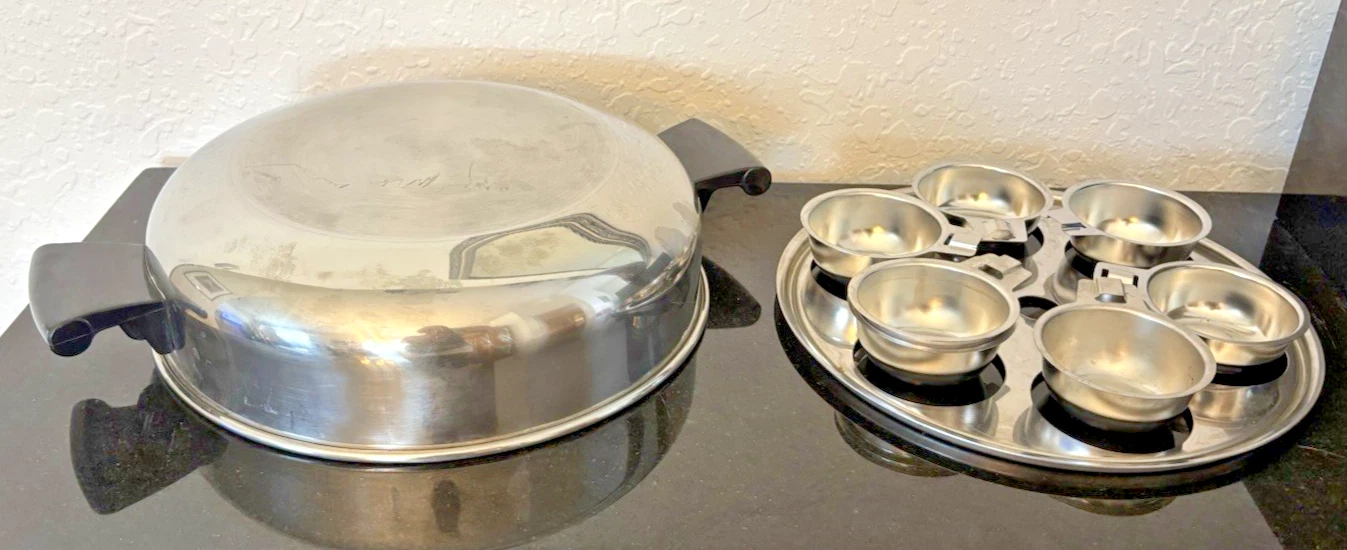AMWAY QUEEN Stainless DOME LID for skillet/stockpot + 6 cups w/ Egg Poacher pan