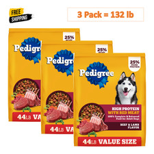 3 Pack,Pedigree High Protein Beef & Lamb Flavor Dog Kibble Adult Dry, 44 lb Bag 0.57 per pound