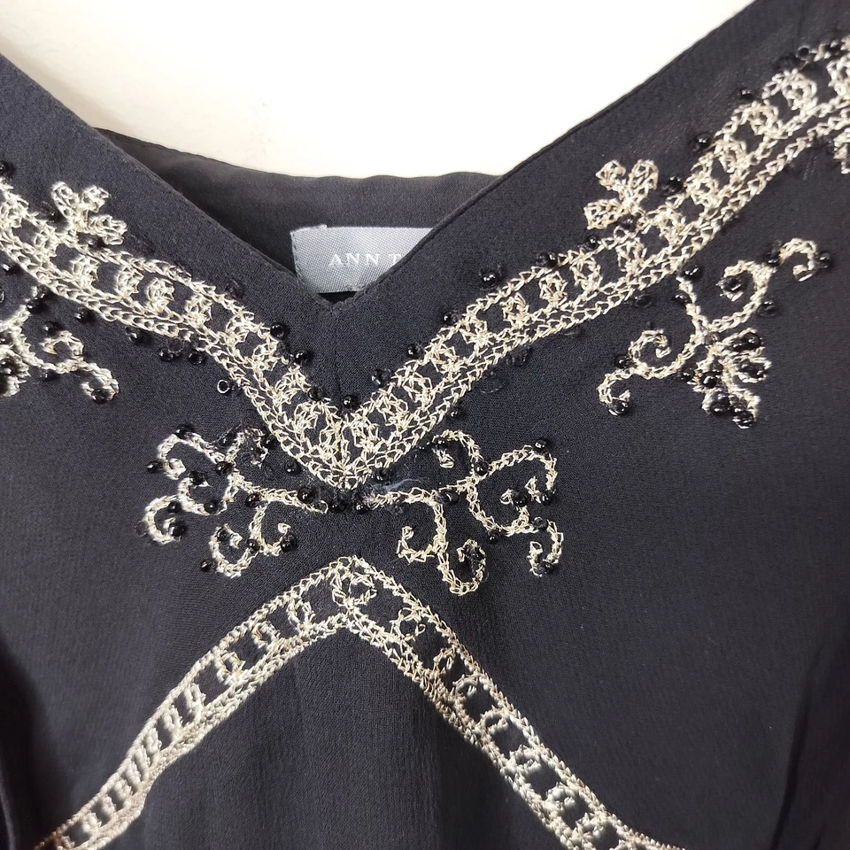 Ann Taylor Black Silk Tank Top Size 12 Women's Gold Embroidered + Beaded Cami - Image 3 of 4