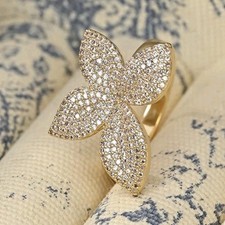 Gold Plated Flower Pav  Cubic Zirconia Cocktail Ring Size 9