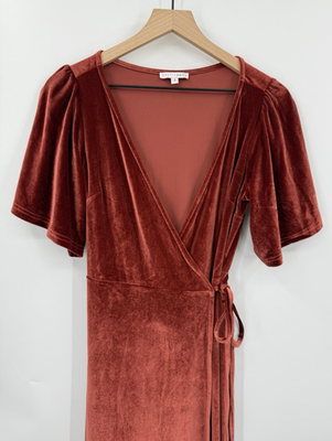 orange velvet wrap dress Rusty Burnt Orange Velvet Dress - Sweetheart Neckline Dress