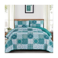 Teal Quilt Set Queen Size, Boho Turquoise Plaid Patchwork Bedspread... Fast Ship