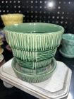 Vintage McCoy Basketweave Green Small 3 1/4"  X 4” Pot Planter 1950s