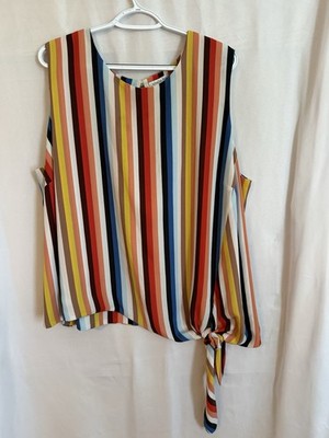 Ophelia Roe Top Women 3X Multi Color Vertical Stripe Side Tie Sleeveless Blouse