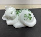 Fenton Milk Glass Sleeping Cat Hand Painted Shamrocks Artist Signed