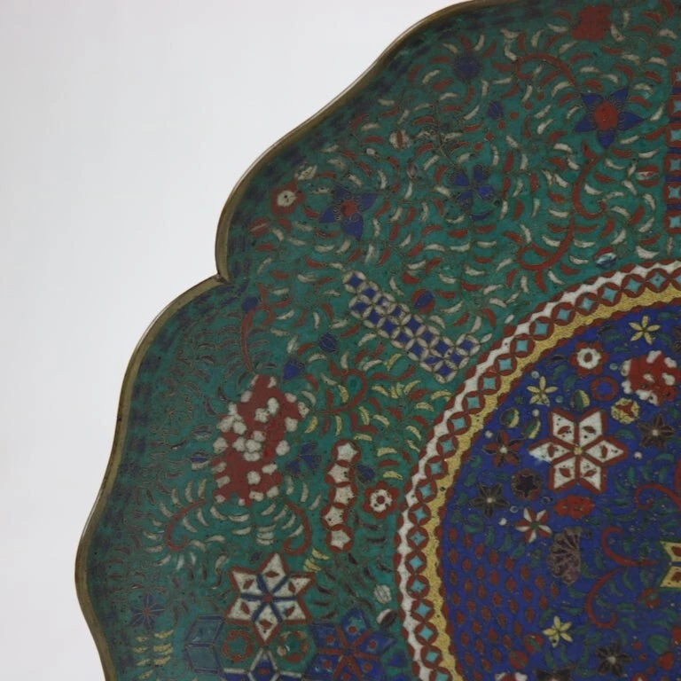 Antique Japanese Cloisonne Scalloped Edge Charger with Geometric Floral Design - Image 4 of 4