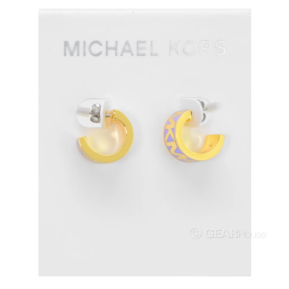 Pendientes de aro en C gruesos de oro Michael Kors para mujer con logotipo MK esmaltado púrpura Foto 3 de 4