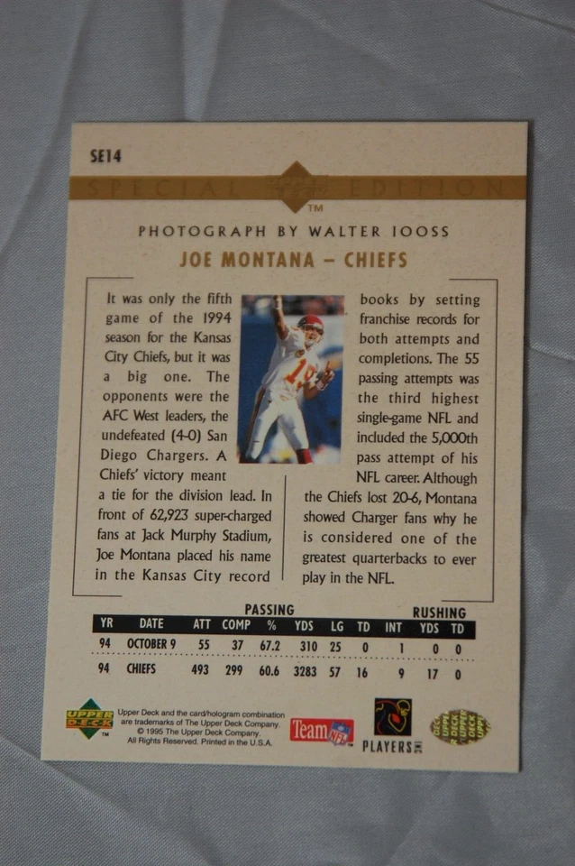Joe Montana 1995 Upper Deck Special Edition Gold #SE14 - Kansas City Chiefs - Image 2 of 2