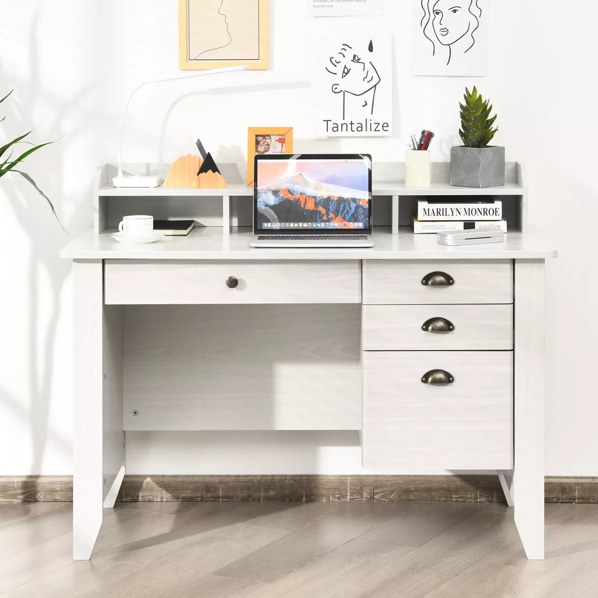 Costway Computer Desk Wooden Writing Desk Modern Home Office Workstation PC  Laptop Table for Small Space White