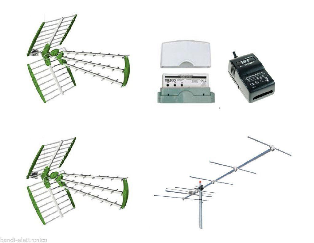 Kit Antenna TV Digitale Terrestre Completo 2 UHF VHF Centralino Alimentatore