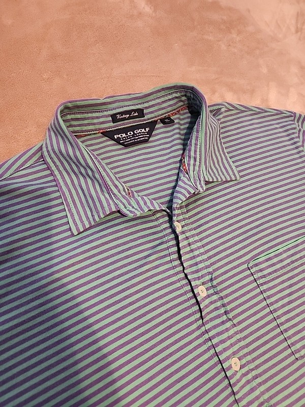 Ralph Lauren Polo Stretch Lisle mens polo shirt XL Green Purple stripe pocket