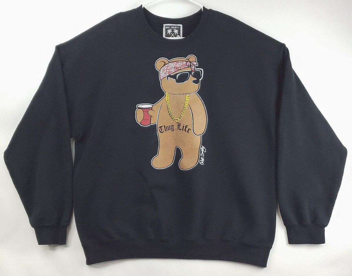 【 PROJECT】2PAC Bear Hoodie Riot Society Sweatshirt Mens XL Black 2Pac Tupac Thug Life