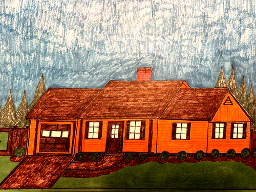 Orange Cozy House in Green Forest Architecture Design USA Town Drawing Artwork - 第 1/8 張圖片