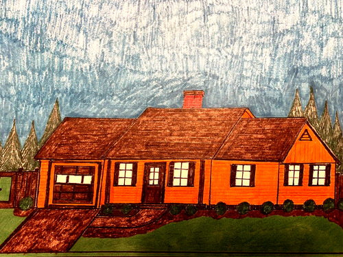 Orange Cozy House in Green Forest Architecture Design USA Town Drawing Artwork - Picture 1 of 8