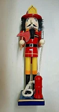 Wooden Firefighter Nutcracker Christmas Holiday Red Fireman Figure 14" Tall