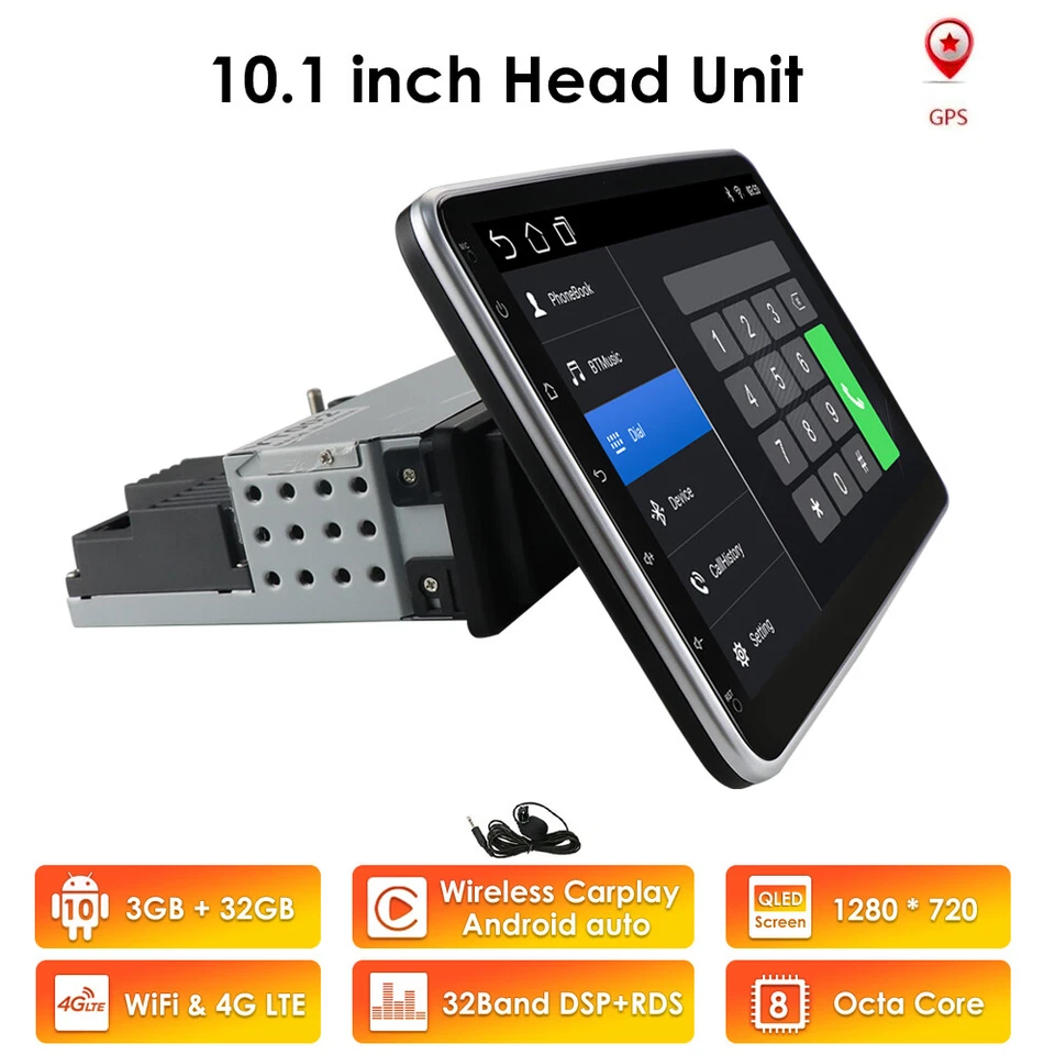 Single 1DIN Rotatable 10.1'' Android 10 Car Stereo Radio GPS Wifi 3+32GB DSP RDS - Image 3 of 4