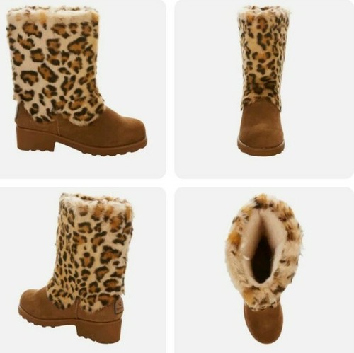 BEARPAW Womens Regina Boots Suede Faux Fur NeverWet Black Brown Leopard NEW - Picture 10 of 12